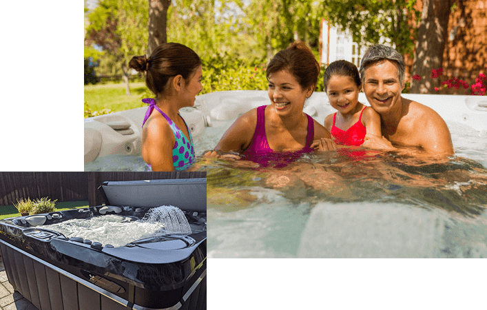 Collage of family in a Caldera Spa hot tub with positive reviews